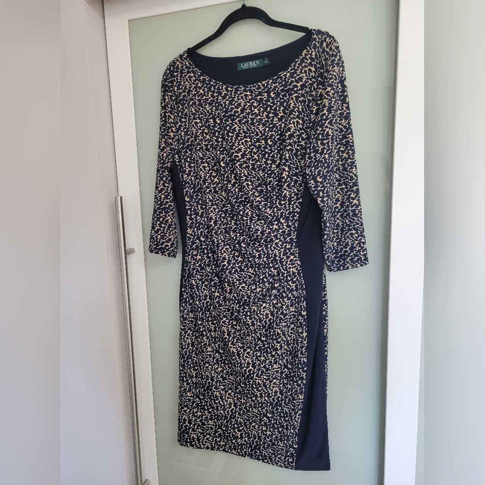 Lauren Ralph Lauren Midi Navy Cream Print 3/4 Sleeve Stretch Size 14